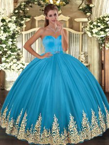 Floor Length Lace Up Quinceanera Gowns Baby Blue for Military Ball and Sweet 16 and Quinceanera with Appliques