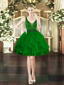 Low Price Dark Green Ball Gowns Tulle V-neck Sleeveless Beading and Ruffles Mini Length Lace Up Evening Dress