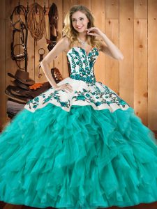 Edgy Turquoise Sleeveless Satin and Organza Lace Up Sweet 16 Dresses for Military Ball and Sweet 16 and Quinceanera