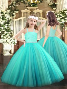 Turquoise Sleeveless Beading and Lace Floor Length Little Girls Pageant Gowns