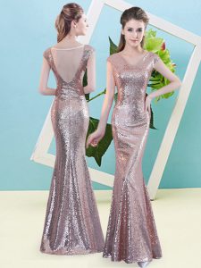 Enchanting Gold V-neck Zipper Sequins Prom Dress Cap Sleeves