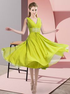 Suitable Yellow Green Side Zipper V-neck Beading Wedding Guest Dresses Chiffon Sleeveless