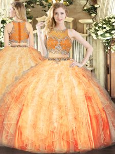 Ideal Orange Red Ball Gowns Organza Scoop Sleeveless Beading and Ruffles Floor Length Zipper Quinceanera Gowns