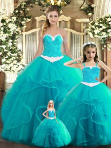 Suitable Sweetheart Sleeveless Tulle Quinceanera Dresses Ruffles Lace Up