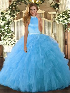 Noble Baby Blue Organza Backless Quinceanera Gowns Sleeveless Floor Length Beading and Ruffles