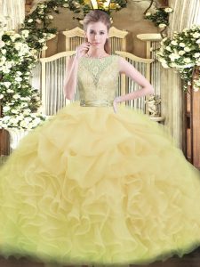 Decent Champagne Ball Gowns Organza Scoop Sleeveless Lace and Ruffles Floor Length Backless Quinceanera Gowns
