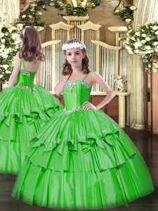 Pretty Green Ball Gowns Straps Sleeveless Organza and Taffeta Floor Length Lace Up Beading and Ruffled Layers Child Page