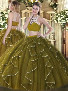 New Style Olive Green Ball Gowns Beading and Ruffles Quinceanera Dresses Backless Organza Sleeveless Floor Length