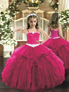 Straps Sleeveless Tulle Kids Pageant Dress Appliques and Ruffles Lace Up