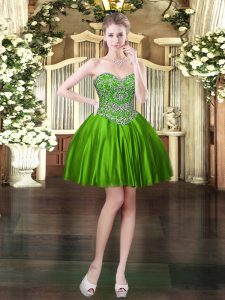 Sleeveless Satin Mini Length Lace Up in Green with Beading