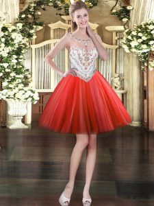 Beading Prom Dress Red Zipper Sleeveless Mini Length