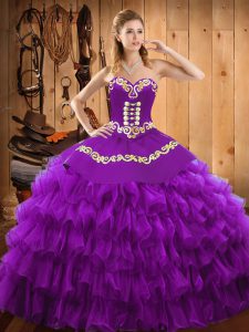 Embroidery and Ruffled Layers Quinceanera Gown Purple Lace Up Sleeveless Floor Length