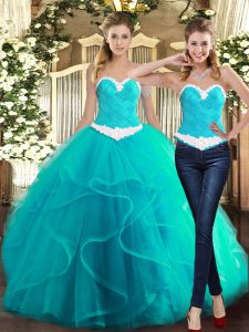 High Class Sleeveless Floor Length Ruffles Lace Up Sweet 16 Dresses with Turquoise