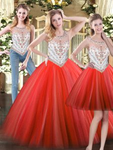 Cute Coral Red Ball Gowns Scoop Sleeveless Tulle Floor Length Zipper Beading Vestidos de Quinceanera