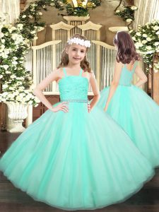 Custom Fit Apple Green Zipper Pageant Gowns Beading and Lace Sleeveless Floor Length