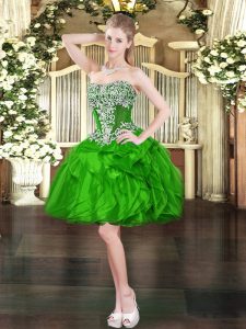 Flirting Sweetheart Sleeveless Prom Dress Mini Length Beading and Ruffles Green Organza