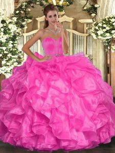 Enchanting Sleeveless Organza Floor Length Lace Up Vestidos de Quinceanera in Hot Pink with Beading and Ruffles