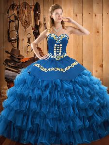 Delicate Blue Ball Gowns Sweetheart Sleeveless Satin and Organza Floor Length Lace Up Embroidery and Ruffled Layers Vest