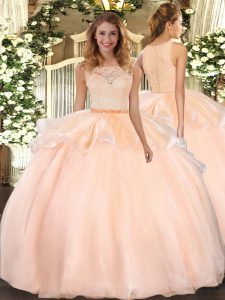 Fashionable Peach Sleeveless Organza Clasp Handle Sweet 16 Dress for Military Ball and Sweet 16 and Quinceanera