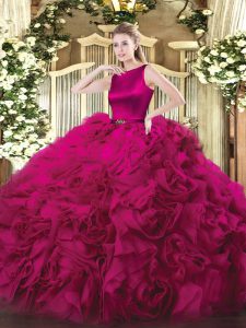 Delicate Ball Gowns Quinceanera Gowns Fuchsia Scoop Fabric With Rolling Flowers Sleeveless Floor Length Clasp Handle