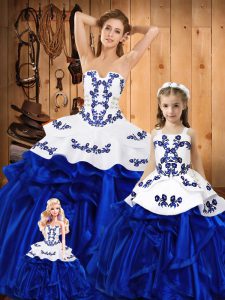 Organza Strapless Sleeveless Lace Up Embroidery and Ruffles Sweet 16 Quinceanera Dress in Blue