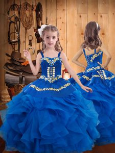 Perfect Blue Straps Neckline Embroidery and Ruffles Kids Pageant Dress Sleeveless Lace Up