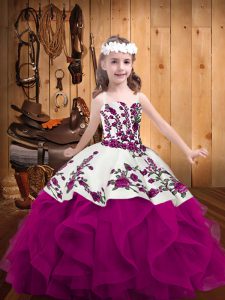 Straps Sleeveless Little Girl Pageant Gowns Floor Length Embroidery and Ruffles Fuchsia Organza