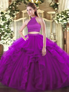 Clearance Purple Tulle Backless Quinceanera Gowns Sleeveless Floor Length Beading and Ruffles