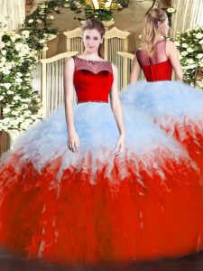 White And Red Sleeveless Tulle Zipper Ball Gown Prom Dress for Sweet 16 and Quinceanera