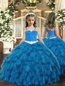 Classical Straps Sleeveless Lace Up Kids Formal Wear Blue Organza
