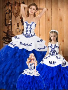 Popular Royal Blue Lace Lace Up Strapless Sleeveless Floor Length Sweet 16 Quinceanera Dress Embroidery and Ruffles