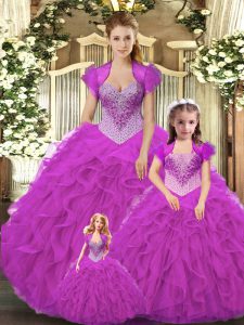 Fuchsia Lace Up Ball Gown Prom Dress Beading and Ruffles Sleeveless Floor Length