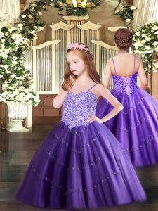 Sleeveless Tulle Floor Length Lace Up Little Girls Pageant Dress Wholesale in Purple with Appliques
