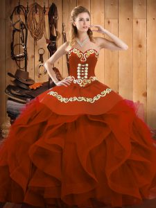 High End Rust Red Lace Up Sweetheart Embroidery and Ruffles Sweet 16 Dresses Organza Sleeveless