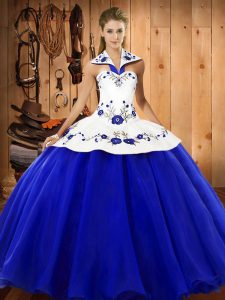 High End Blue And White Ball Gowns Embroidery Quinceanera Dress Lace Up Satin and Tulle Sleeveless Floor Length