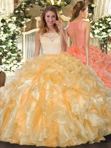 Low Price Gold Sleeveless Lace and Ruffles Floor Length Ball Gown Prom Dress