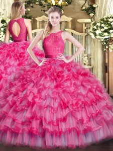 Lovely Scoop Sleeveless 15th Birthday Dress Floor Length Lace and Ruffled Layers Hot Pink Organza