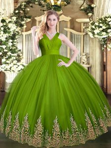 Pretty Olive Green Ball Gowns Appliques Ball Gown Prom Dress Zipper Tulle Sleeveless Floor Length