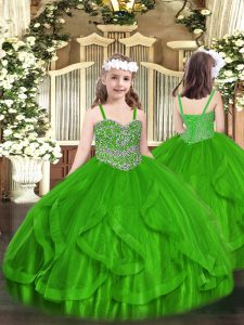Floor Length Green Little Girls Pageant Dress Tulle Sleeveless Beading and Ruffles
