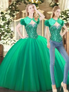 Tulle Sweetheart Sleeveless Lace Up Beading Quinceanera Gowns in Green