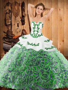 Strapless Sleeveless 15th Birthday Dress With Train Sweep Train Embroidery Multi-color Satin and Fabric With Rolling Flo
