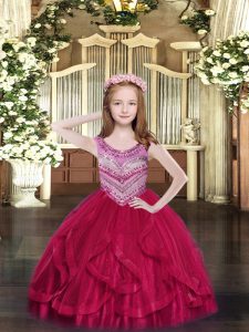 Floor Length Lace Up Kids Pageant Dress Hot Pink for Party and Quinceanera with Beading and Ruffles