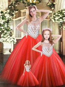 Fancy Sleeveless Floor Length Beading Lace Up 15 Quinceanera Dress with Red