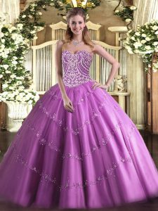 Glittering Lilac Lace Up Sweetheart Beading Ball Gown Prom Dress Tulle Sleeveless