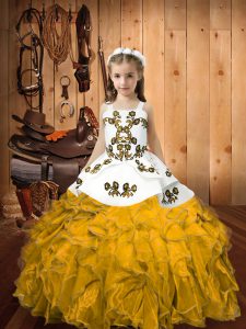Gold Straps Neckline Embroidery and Ruffles Kids Formal Wear Sleeveless Lace Up