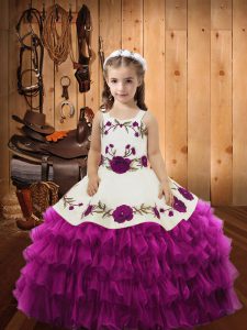 Fuchsia Straps Lace Up Embroidery and Ruffled Layers Kids Pageant Dress Sleeveless