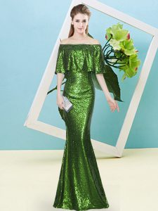 Amazing Green Half Sleeves Sequins Floor Length Prom Dress