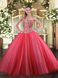 Floor Length Ball Gowns Sleeveless Coral Red Sweet 16 Quinceanera Dress Lace Up
