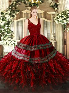 Chic Beading and Lace and Ruffles Sweet 16 Dress Wine Red Backless Sleeveless Floor Length