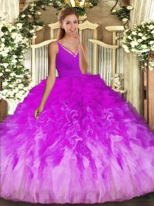 Multi-color Ball Gowns Tulle V-neck Sleeveless Ruffles Floor Length Backless Quinceanera Dresses